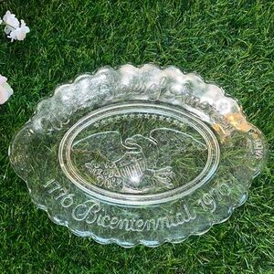 Vintage 9” Oval Glass Dish USA Bicentennial Eagle Shield 1776-1976
